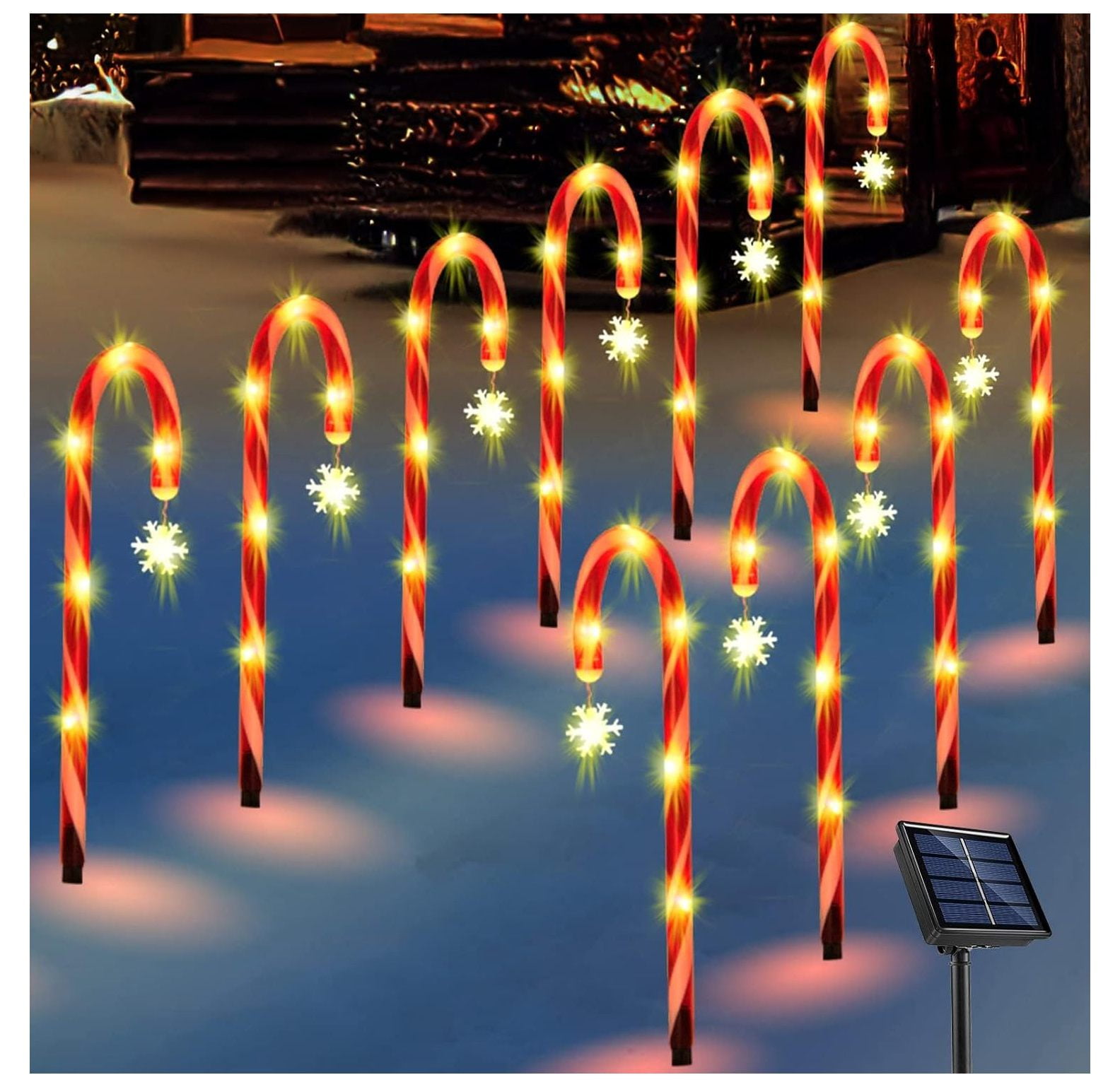 CintBllTer 10Pack Solar Christmas Candy Cane Lights Snowflake Outdoor