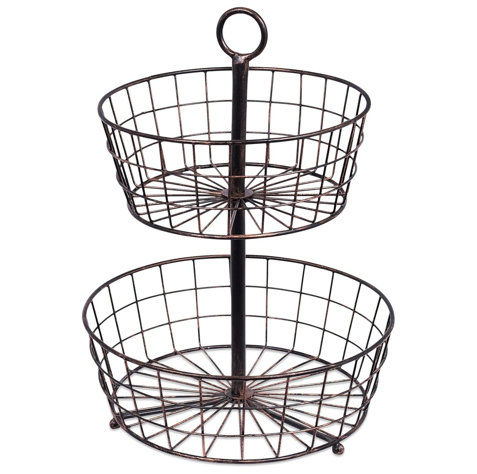 CintBllTer 2 Tier Wire Fruit Basket Bowl Round Metal Standing Storage