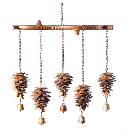 CintBllTer 23.5 in Flamed Copper Colored Metal Pine Cone Wind Chime, Gentle Sound