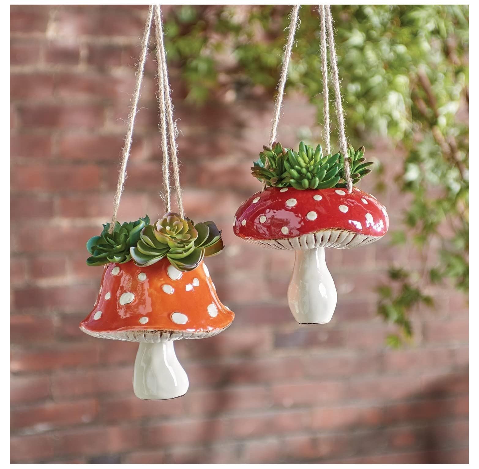 Enchanted Forest Ceramic Toadstool Hanging Planters, Set of 2