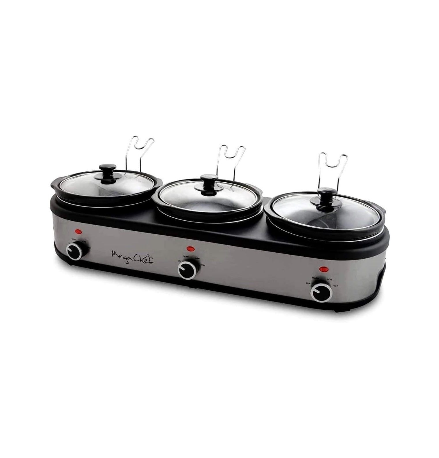 CintBllTer MC1203 Triple 2.5 Quart Slow Cooker and Buffet Server in Brushed Silver and Black