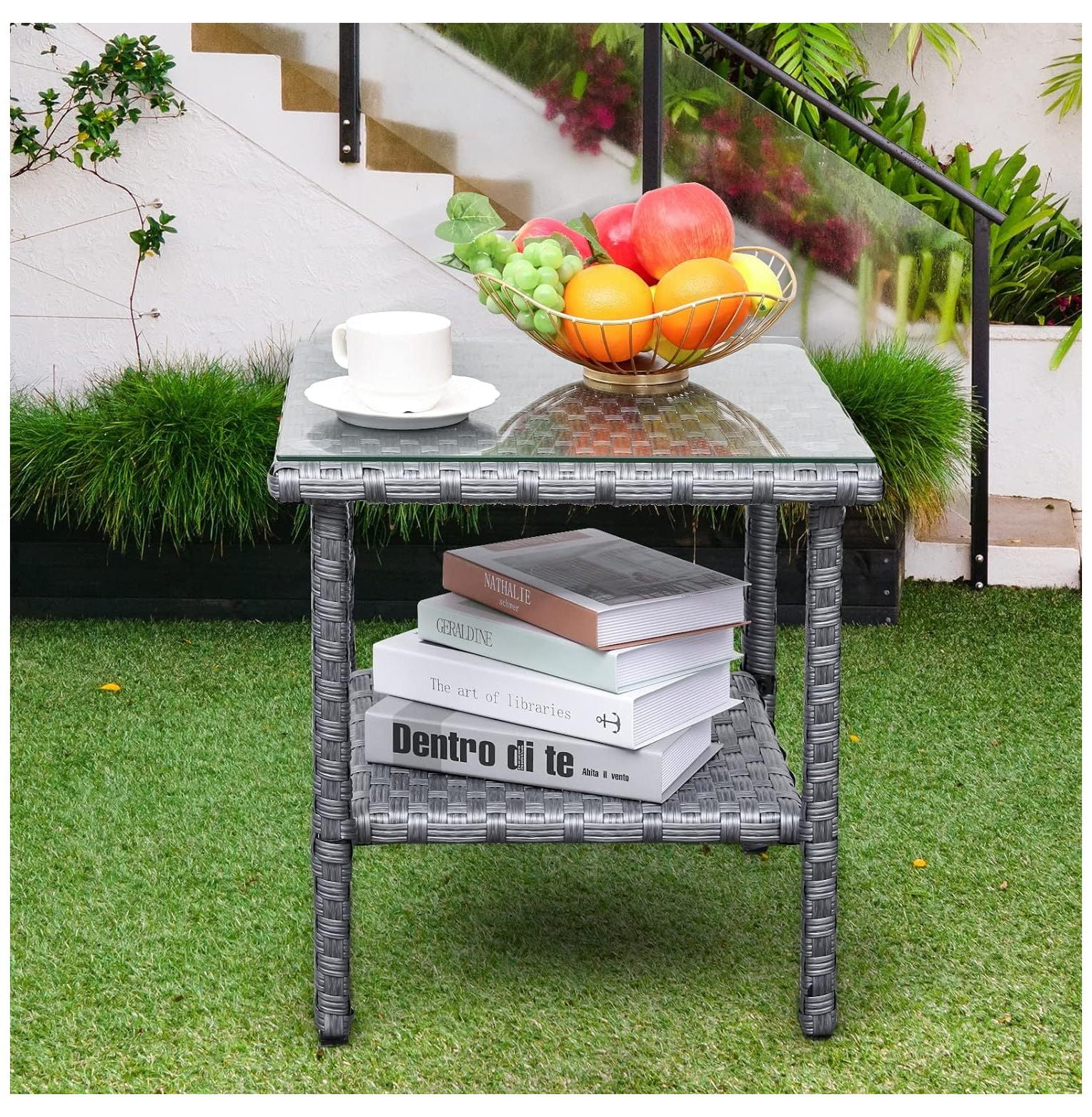 CintBllTer Outdoor Wicker Glass Top Side Table Patio Rattan Square