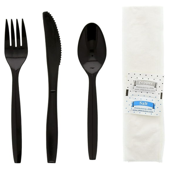 CintBllTer Six Piece Meal Kit with 12 x 13 Napkin, Salt and Pepper Packets, Black Medium-Plus Weight Fork, Knife, and Teaspoon, Case of 250