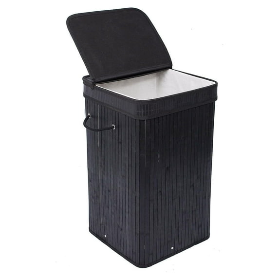 CintBllTer Square Laundry Hamper with Lid and Cloth Liner - Bamboo - Black - Easily Transport Laundry Basket - Collapsible Hamper - String Handles