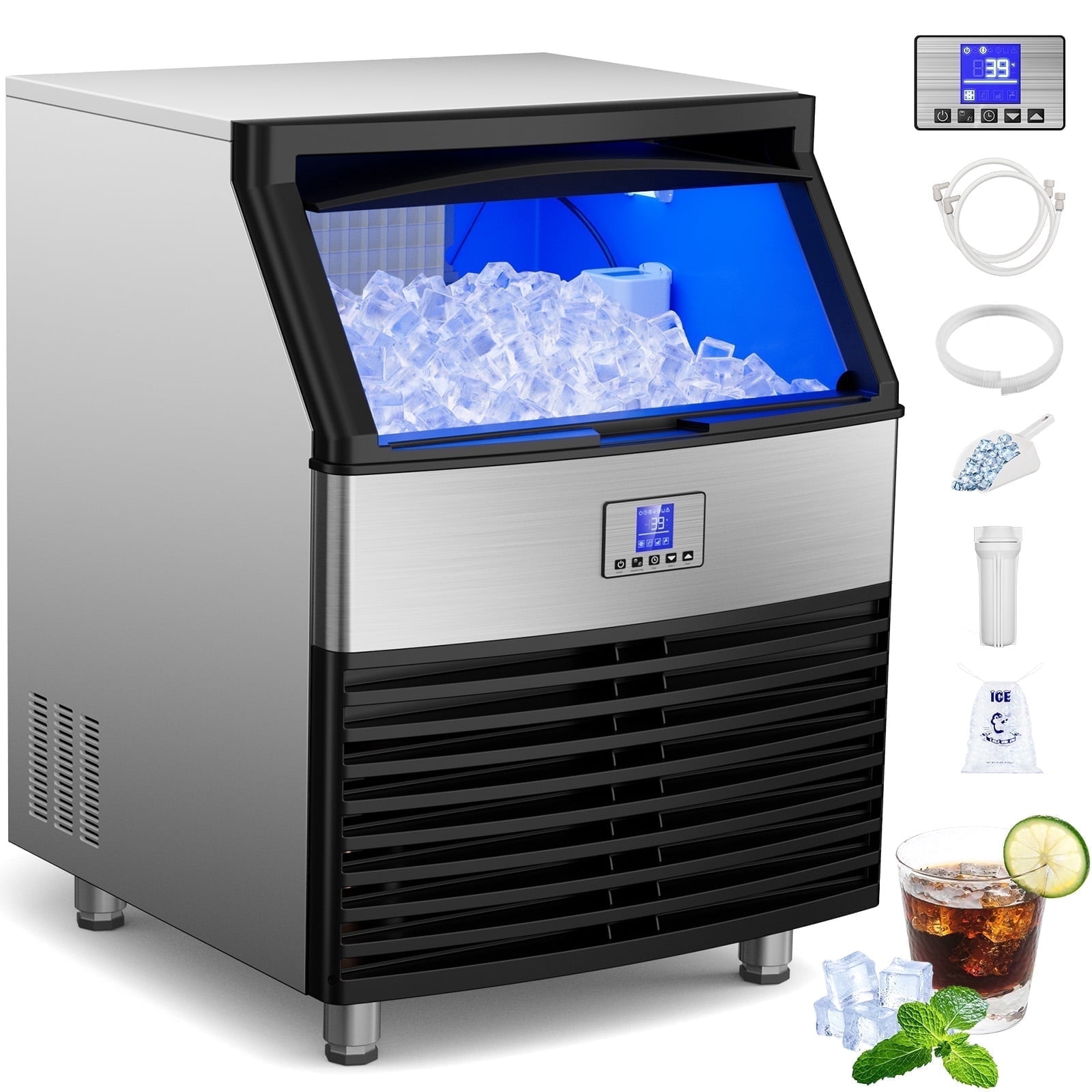 Ecojoy Commercial Ice Maker, 450 lb. /24H Commercial Freestanding Ice Maker in Silver, Stainless Steel, with 120 lb. Storage Capacity