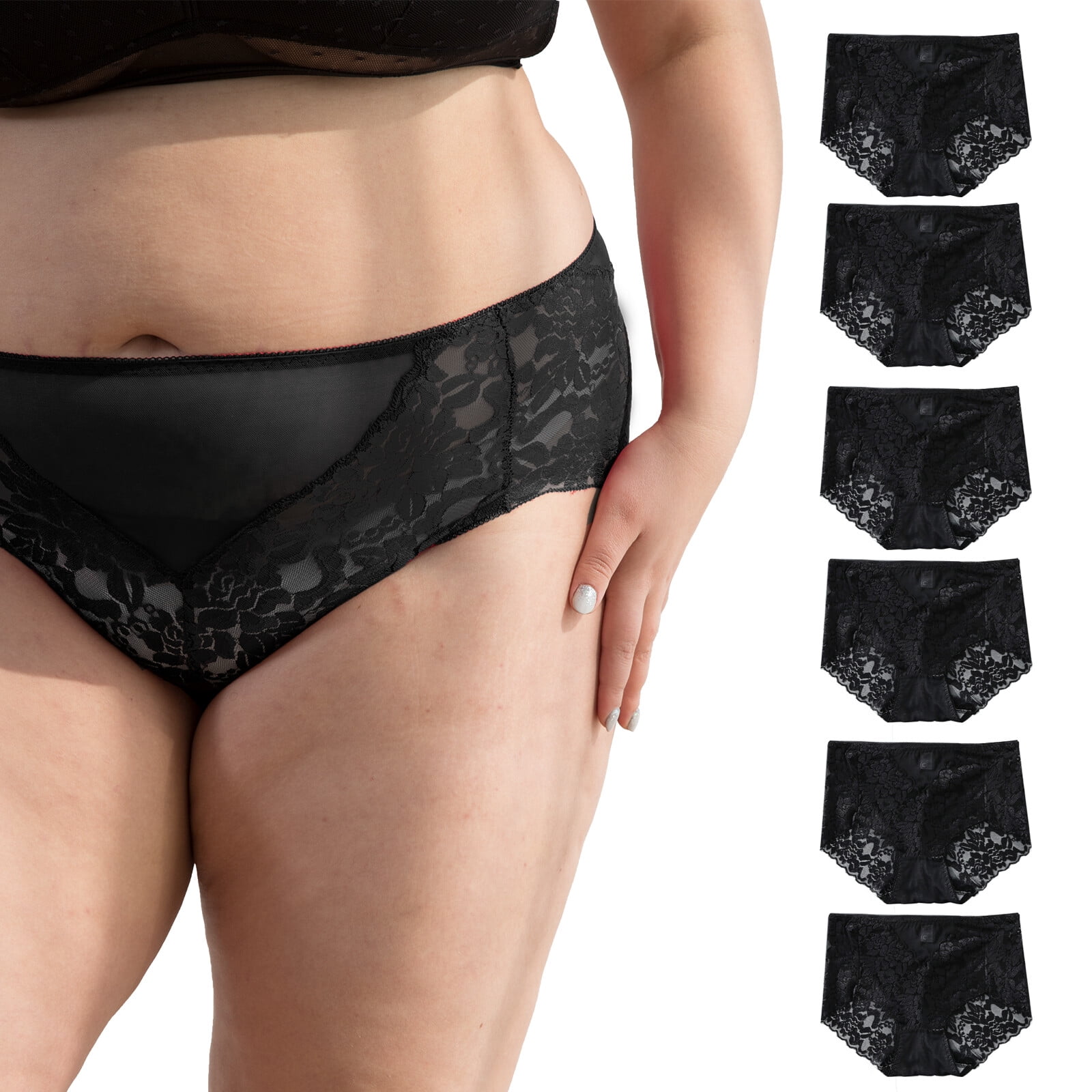 Cinvik Womens Sexy Lace Underwear High Waisted Cheeky Bikini Panties,  Seamless Soft Strecth Briefs Black 6 Packs 