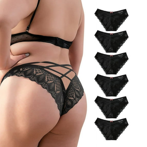 Cinvik Lace Seamless Underwear Cute Bow Sexy Cross Strap See Through Lace Panties Black Packs Size 1XL