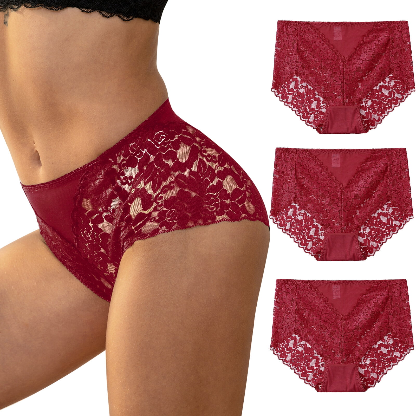 Cinvik Lace Underwear for Women Sexy High Waisted Briefs Granny Panties, 3  Pack, Sizes to 1XL 