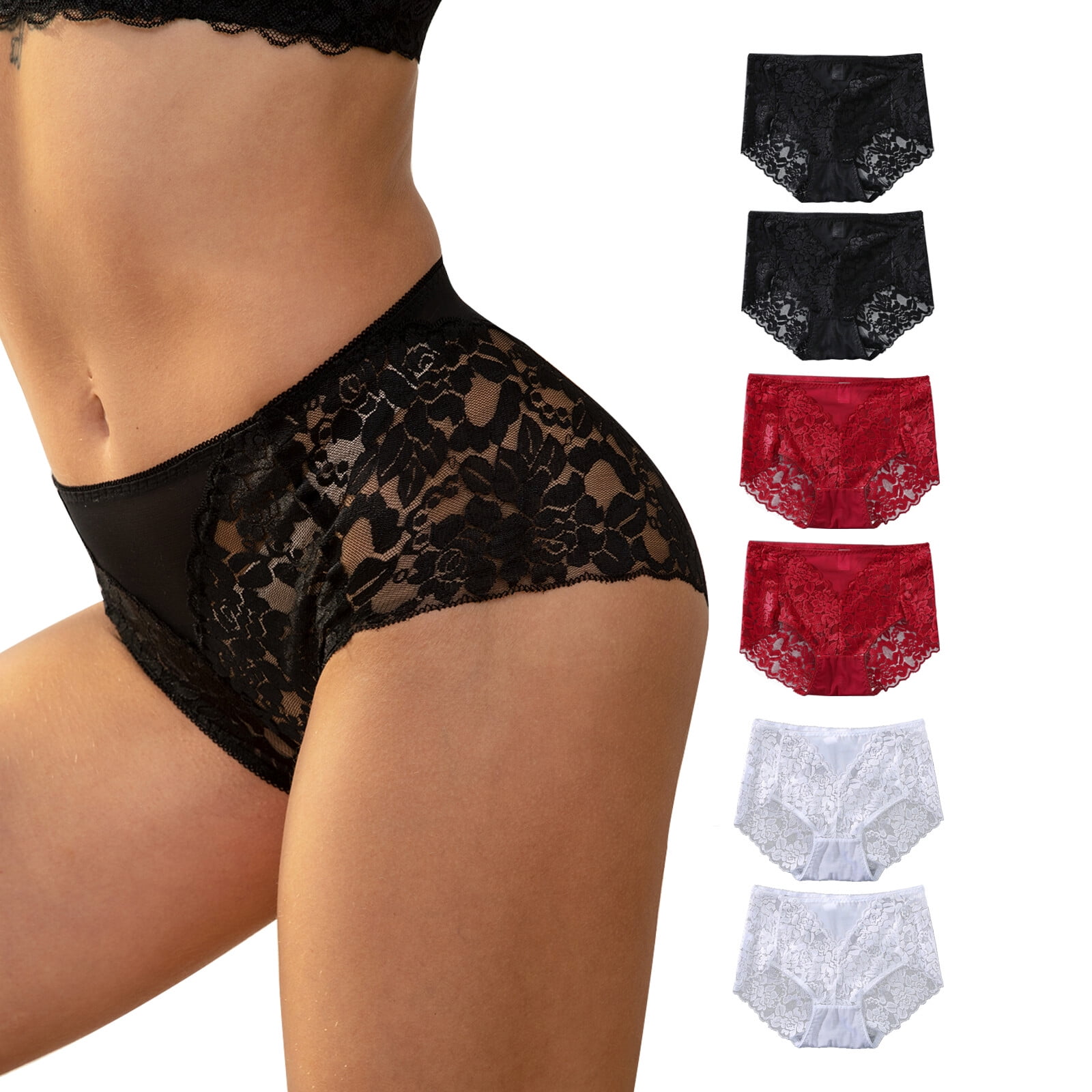 Cinvik Lace Underwear for Women Sexy High Waisted Briefs Granny Panties, 6  Pack, Sizes to L 