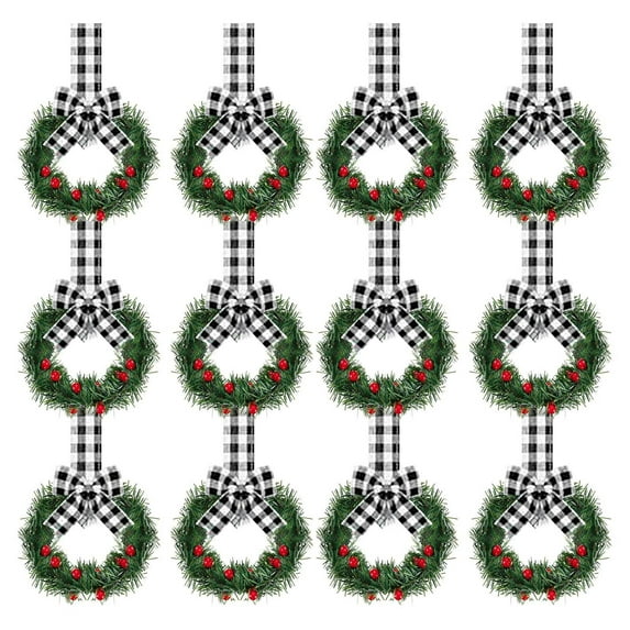 Cinvoph 12pcs Christmas Wreaths Set with Plaid Ribbon Bow 5.12" Mini Christmas Wreath Decorated with Red Berry for Window Front Door Xmas Decor