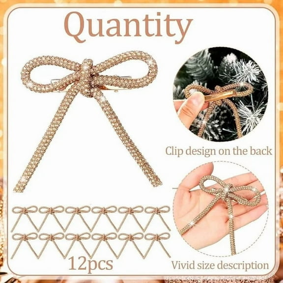 Cinvoph 12pcs Golden Glitter Christmas Bow Ornaments Set, Exquisite Decorations With Metal Clip Baubles for Xmas Tree Holiday Wedding Party Decor