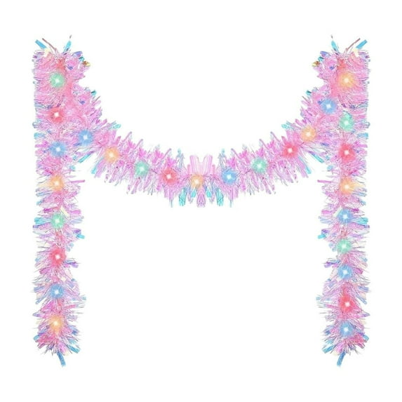 Cinvoph 16ft Christmas Tinsel Garland, Pre-Lit Colorful 50 LED Battery Operated Lighted Xmas Garland for Indoor Holiday Wedding Door Home Decorations