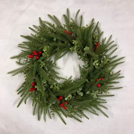 Cinvoph 18" Artificial Norfolk Wreath Faux Christmas Wreaths for Front Door,Faux Pine Green Wreath for Home, Holiday, Fireplace, Mantle,Wall, Windows, Xmas, Outdoor Decoration
