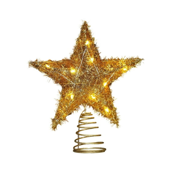 Cinvoph 2pcs Christmas Star Tree Topper & LED String Set, Plug in Golden Glittered Star Tree Topper, Iron Bulbs String Lights for Indoor Office Christmas New Year Holiday Tree Decoration 12"