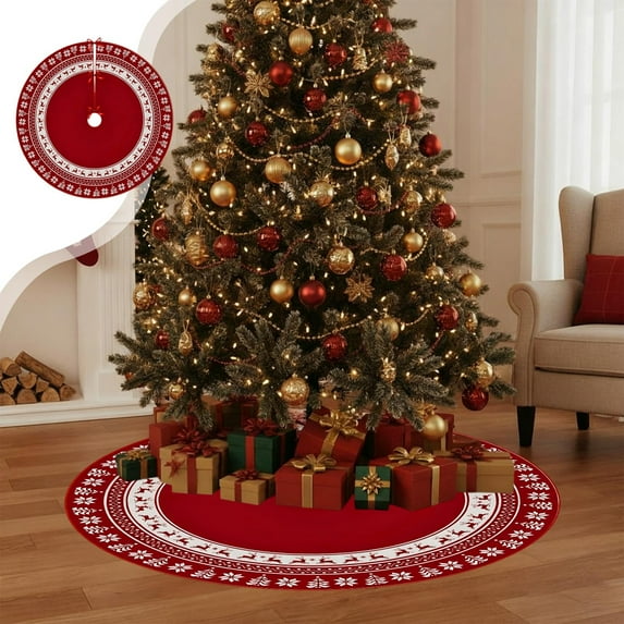 Cinvoph 36" Red Christmas Tree Skirt with Reindeer Xmas Tree Snowflake Decor Vintage Christmas Party Favors Rustic Holiday Decorations, B