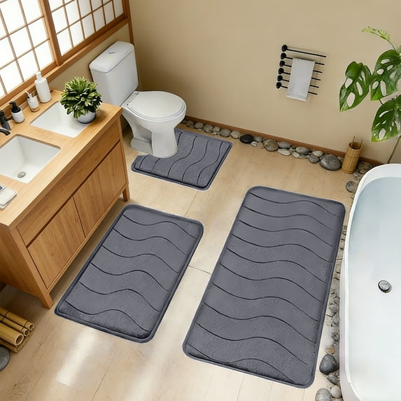 Cinvoph 3pcs Bathroom Rug Set Bath Rug Soft 25D Sponge Density Mat Absorbent Non Slip Toilet Mat for Bathroom Laundry Room Washable 31.5"x20" Gray