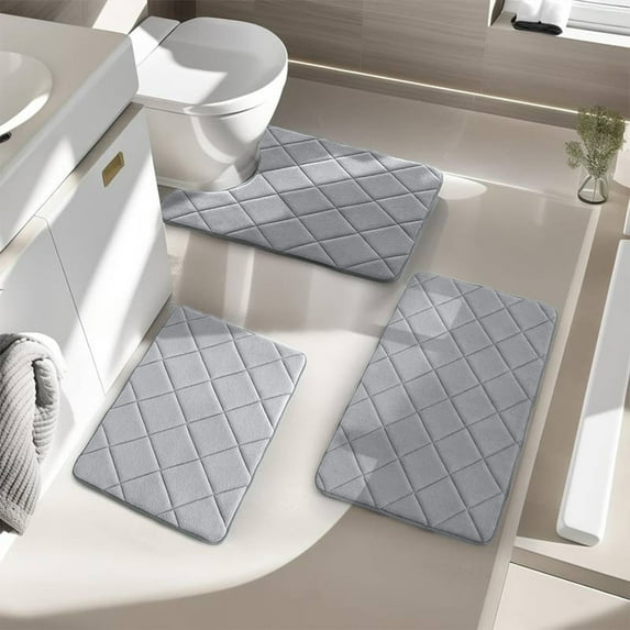 Cinvoph 3pcs Bathroom Rug Set Bath Rug Solid Non Slip Toilet Mat Water Absorbent Foam Mat for Bathroom Laundry Room Household Decor 24"x16" Gray