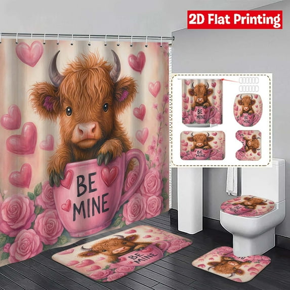 Cinvoph 4 Pcs Valentine's Day Shower Curtain Set with Toilet Lid Cover and Non-Slip Rugs Romantic Heart Shower Curtain for Bathroom 72x72 inch