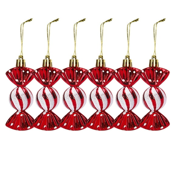 Cinvoph 6pcs Christmas Candy Ornaments Set Glitter Plastic Peppermints & Candy Jars, Exquisite Hanging Decor for Xmas Tree, Holiday Party & Home Mantel, Red