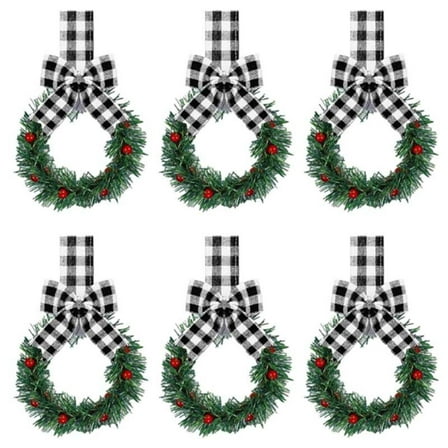 Cinvoph 6pcs Christmas Wreaths Set with Plaid Ribbon Bow 5.12" Mini Christmas Wreath Decorated with Red Berry for Window Front Door Xmas Decor