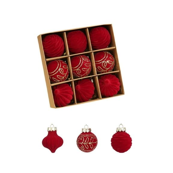 Cinvoph 9pcs Christmas Hanging Balls Ornaments, 3 Different Desgin Velvet Decorations Shatterproof Baubles for Xmas Tree Holiday Wedding Party Decor, Red