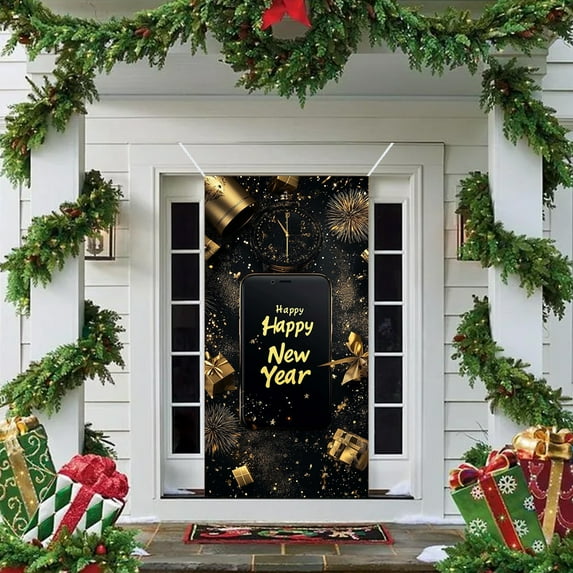 Cinvoph Black Christmas Door Cover Holiday Festival Door Banner, Indoor Outdoor Xmas Hanging Cover Decoration Exquisite Door Banner for Home Party Winter Seasonal Decor 35"x71"