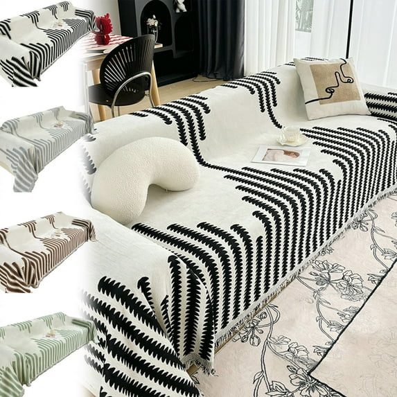 Cinvoph Boho Couch Cover for 2 Cushion Couch, Decorative Striped Washable Sectional Couch Covers for Dogs Sofa Protector 35"x71" Green