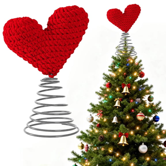 Cinvoph Christmas Crochet Heart Tree Topper Xmas Decorative Holiday Treetop Shatterproof Ornament for Holiday Christmas Tree Decoration 8.7"