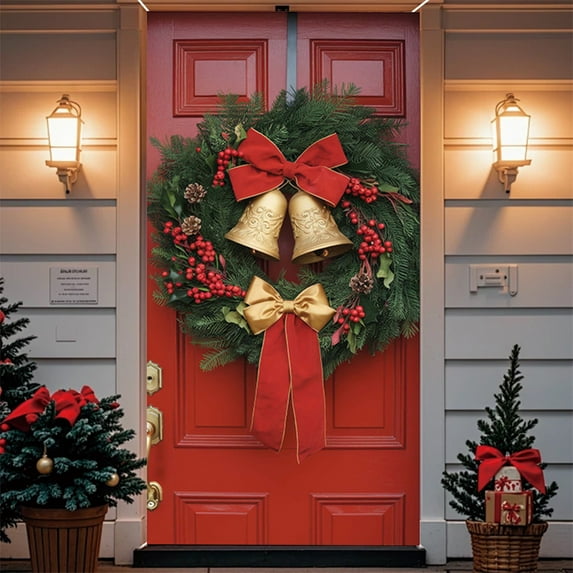 Cinvoph Christmas Door Cover Red Bow Golden Bell Wreath Door Banner, Durable Winter Holiday Decoration for Front Porch, Indoor & Outdoor Reusable Xmas Door Hanging Cover Entry Decor 35"x71"