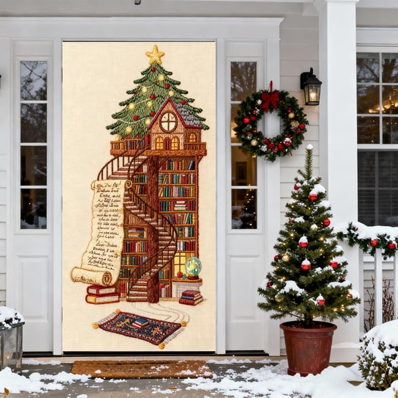 Cinvoph Christmas Door Cover Stereoscopic Embroidery Hanging Banner, Winter Festive AccentsDecor for Home Party Holiday Indoor Outdoor Durable Front Porch Entry Door Decor 35"x72"