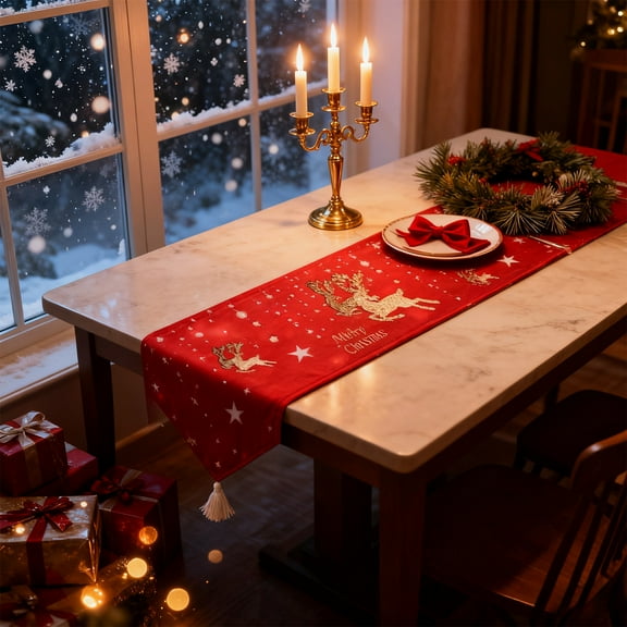Cinvoph Christmas Table Runner Plush Table Runner with Reindeer Snowflake, Xmas Table Decorations Holiday Table Runners for Xmas Wedding Party Home Decor 13"x71"
