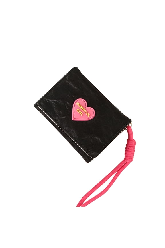Cute Heart Purse for Women Trifold Short Wallet with Wrist Strap Rfid Blocking Card Holder Durable Fashion Accessory 3"x4" Black