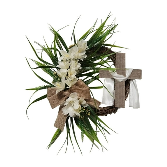 Cinvoph Easter Wreath for Front Door Hanging Wooden Wreath Decorative Cross & Flower Outdoor Spring Wall Decor for Garden Patio 20"