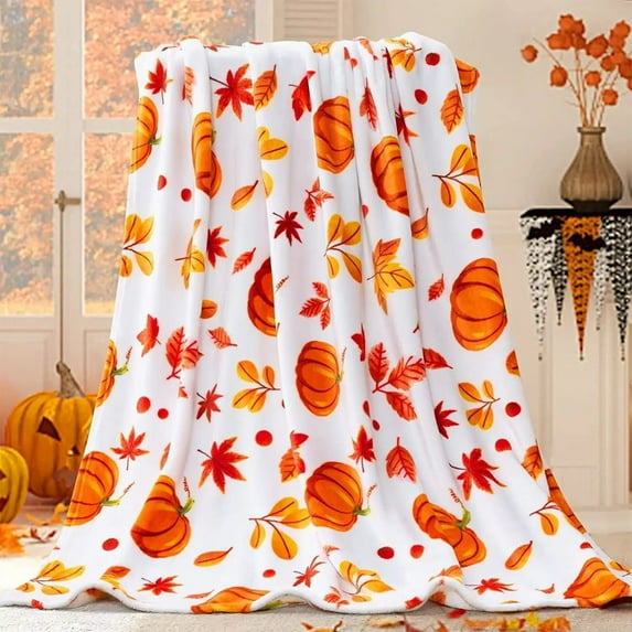 Cinvoph Fall Pumpkins Throw Blanket, Orange White Pumpkins Leaves Soft Warm Fleece Blanket for Living Room Couch Bed Chair or Dorm, 28"x40", Orange