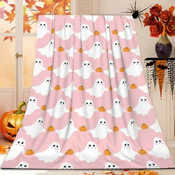 Cinvoph Halloween Throw Blanket, Spooky Pumpkin Bat Spider Webs Printed Orange White Throws for Couch Bed Home Decoration, Soft Fleece Throw Blanket for Thanksgiving Decor 40"x50", Pink