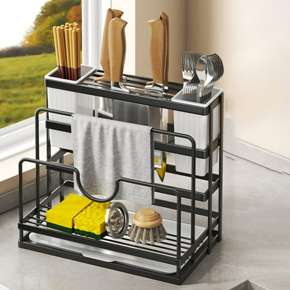 Cinvoph Knife Holder Stainless Steel Kitchen Knife Storage Rack with Draining Tray Space Saving Versatile Organizer for Kitchen Utensils Cooking Tools Cutlery Countertop Storage 9.5"x6"x8.5" Black