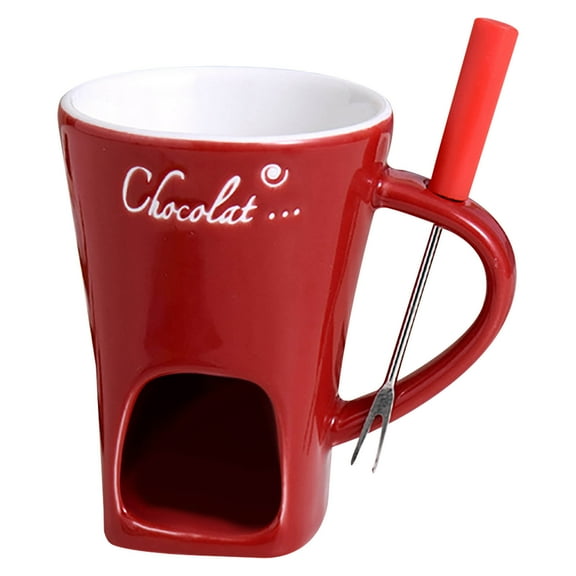 Cinvoph Mini Sweet Fondue Cups, Ceramic Coffee Warmer Mug, Portable Chocolate Melting Cup with Fork for Birthday Wedding Camping Movie Night, Red