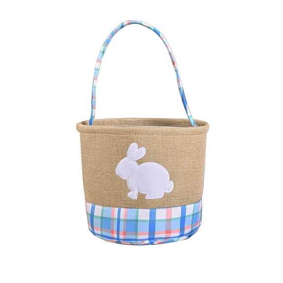 Cinvoph Plaid Easter Basket Decorative Bunny Egg Storage Tote Bag for Easter Candy Gift Organization 9"x9" Blue