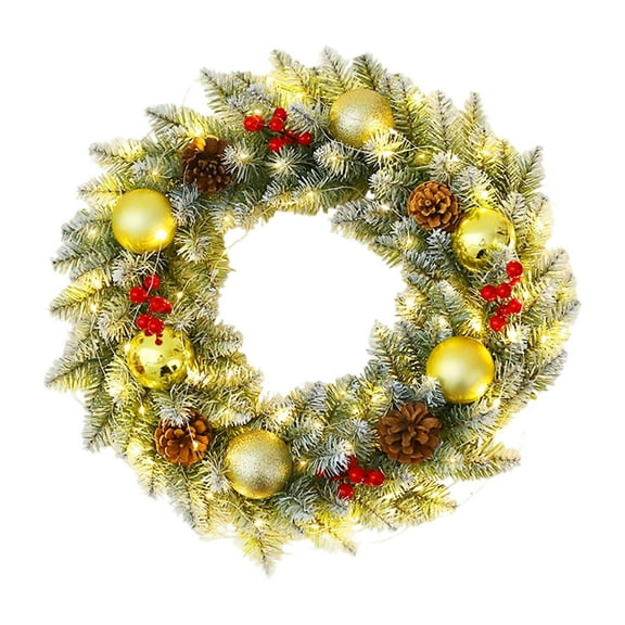 Cinvoph Pre-Lit Artificial Christmas Norfolk Pines Wreath for Front Door with Lights, Exquisite Wreath with Berry Pinecones Balls Decor for Fireplace, Mantle,Wall, 15.7" Gold