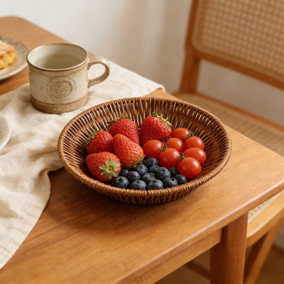 Cinvoph Round Serving Tray, Decorative Coffee Table Tray, Plastic Imitation Rattan Snack And Candy Tray Bread Basket with Handles 10"