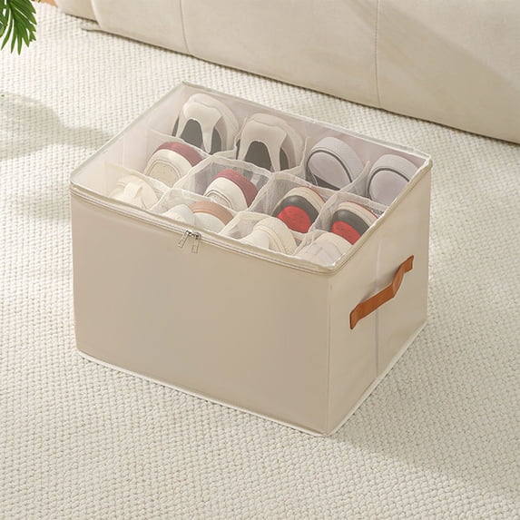 Cinvoph Shoes Storage Bags Dustproof Storage Containers with Reinforced Handle, Sturdy Zipper & Clear Top Moistureproof Fabric Shoe Storage Boxes 17"x13"x12" Beige