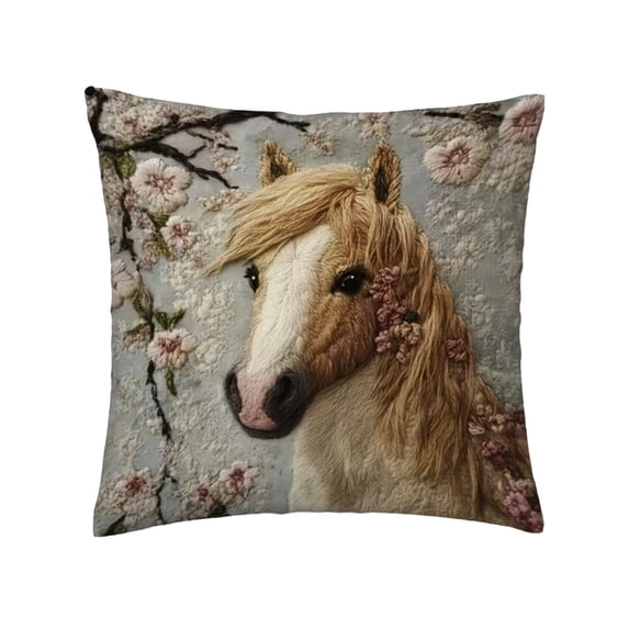 Cinvoph Short Plushs Pillow Cover Cute Horse Embroidered for Sofa Bedroom Living Room Spring Summer Farmhouse Decor 18"