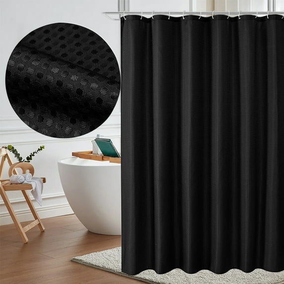 Cinvoph Waffle Shower Curtain Solid Thickened Fabric Heavy Duty Waterproof Curtains for Bathroom Showers Machine Wash with 12 Hooks 72x72 inch Black