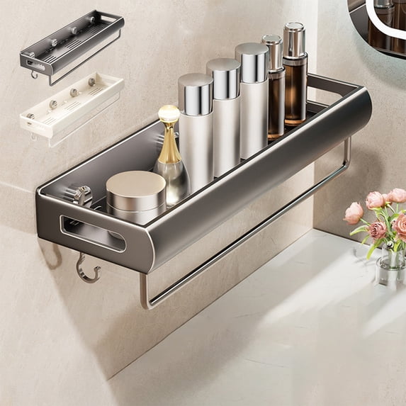 Cinvoph Wall Mount Bathroom Organizer Punch Free Storage Shelf With Towel Rod Space Saving Holder For Restroom Wash Area Sundries Organization 16"x5.5" Gray