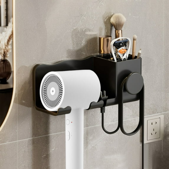 Cinvoph Wall Mounted Hair Dryer Holder with Storage Rack for Hair Dryer Flat Irons Curling Wands Straighteners Space-Saving Bathroom Organizer, Black