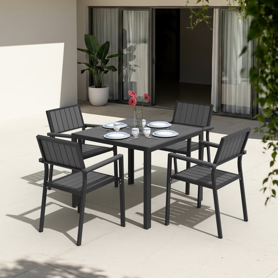 Ciokea 5 Piece Aluminum HDPS Outdoor Dining, Patio Table with Umbrella Hole & Stackable Chairs, All-Weather HDPS Furniture for Backyard, Poolside, Gray