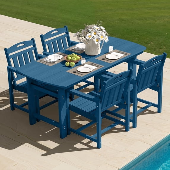 Ciokea 5-Piece Outdoor Dining Set with Table and 4 Chairs HDPE Patio Set Umbrella Hole Garden Backyard Poolside Navy
