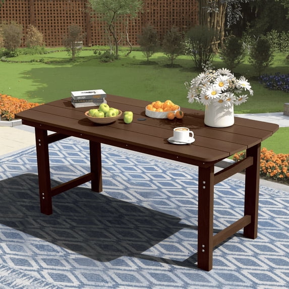 Ciokea 66" Outdoor Dining Table with Umbrella Hole HDPE Rectangle Patio Table for 6 Patio Furniture Garden Backyard Brown