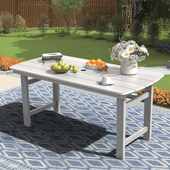 Ciokea 66" Outdoor Dining Table with Umbrella Hole HDPE Rectangle Patio Table for 6 Patio Furniture Garden Backyard White