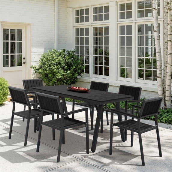Ciokea 7 Piece Aluminum HDPS Outdoor Dining, Patio Table with Umbrella Hole & Stackable Chairs, All-Weather HDPS Furniture for Backyard, Poolside, Black